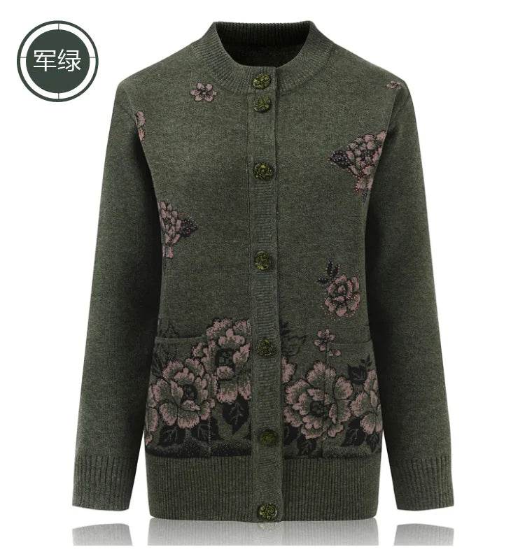 Grandma Knitted Cardigan Jacket Autumn Winter Loose Women Print Long-sleeve Sweater Coat Plus size Warm Cardigan Women clothing - AIAZ