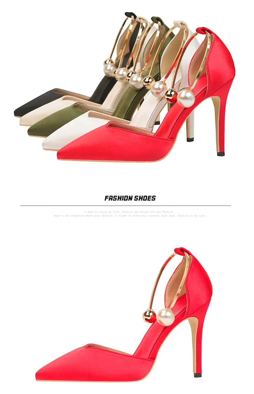 2025 New Elegant Pearl Metal Buckle High Heels Women Sandals Korean Fashion Soft Silk Pointed Ladies Shoes Party Sandals Shallow