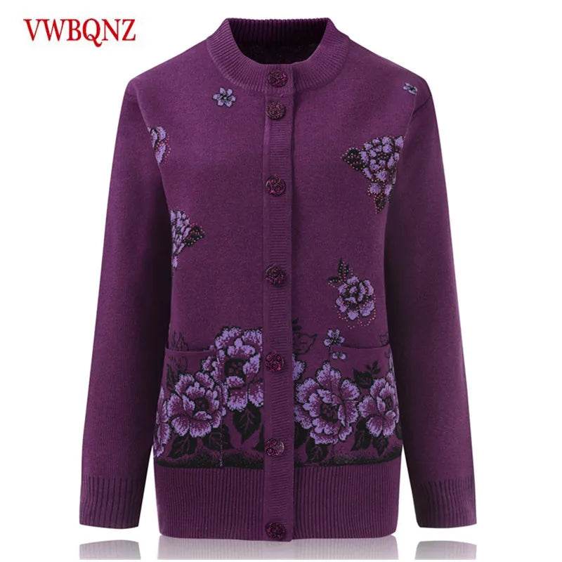Grandma Knitted Cardigan Jacket Autumn Winter Loose Women Print Long-sleeve Sweater Coat Plus size Warm Cardigan Women clothing - AIAZ