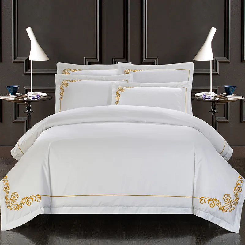 100% Cotton White Embroidered Bedding sets 4/6Pieces White Hotel Bedsheet set Duvet cover Pillow shams Double King Queen size
