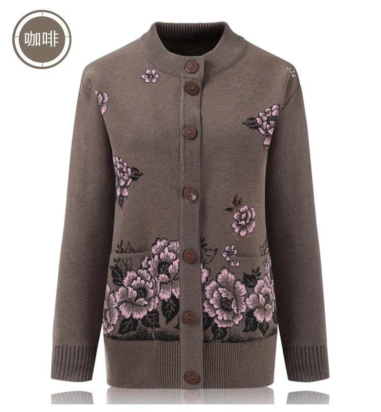 Grandma Knitted Cardigan Jacket Autumn Winter Loose Women Print Long-sleeve Sweater Coat Plus size Warm Cardigan Women clothing - AIAZ