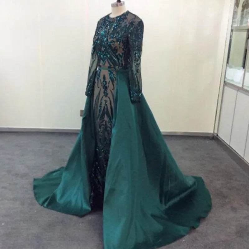 Muslim Long Sleeve Evening Dresses With Detachable Train Sequin Bling Moroccan Kaftan Green Formal Elegant Party Gown - AIAZ