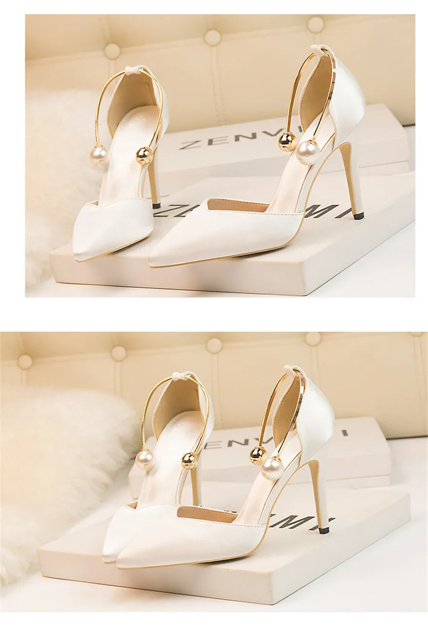 2025 New Elegant Pearl Metal Buckle High Heels Women Sandals Korean Fashion Soft Silk Pointed Ladies Shoes Party Sandals Shallow