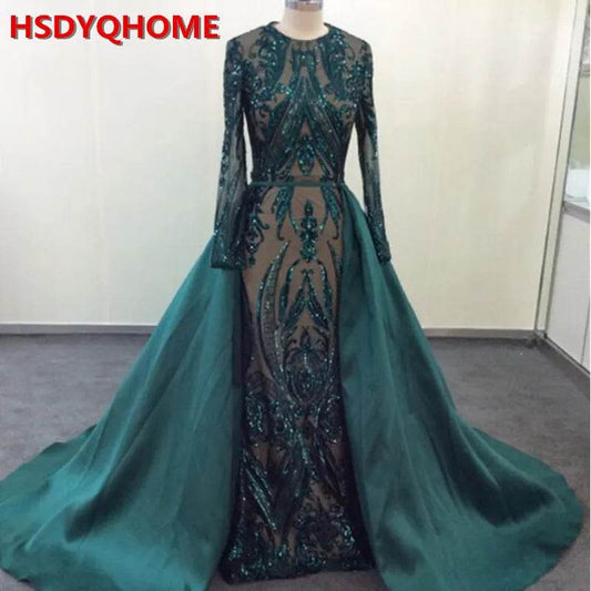 Muslim Long Sleeve Evening Dresses With Detachable Train Sequin Bling Moroccan Kaftan Green Formal Elegant Party Gown - AIAZ