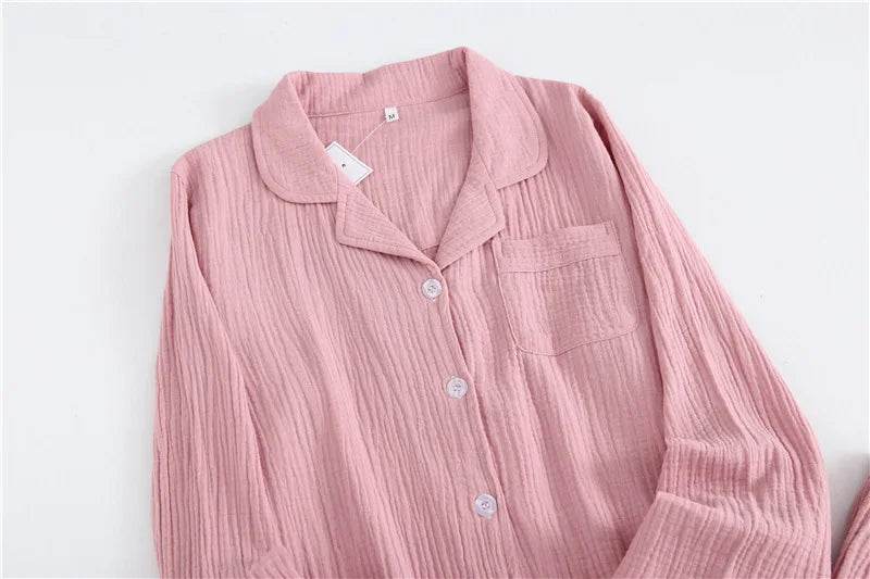 Solid Breathable Lovers 100% Cotton Crepe Pajamas Sets Women Men Autumn Long Sleeve Fresh Soft Pijama Mujer Casual Pyjamas - AIAZ