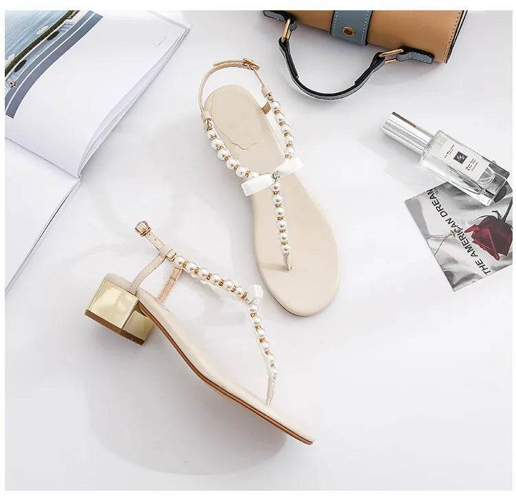 Sandals women 2019 new summer Toe thick heel Net red versatile pinch Pearl sandals Flip-flop sandals - AIAZ