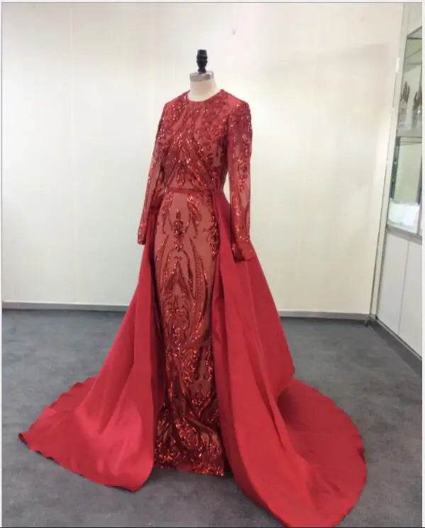 Muslim Long Sleeve Evening Dresses With Detachable Train Sequin Bling Moroccan Kaftan Green Formal Elegant Party Gown - AIAZ