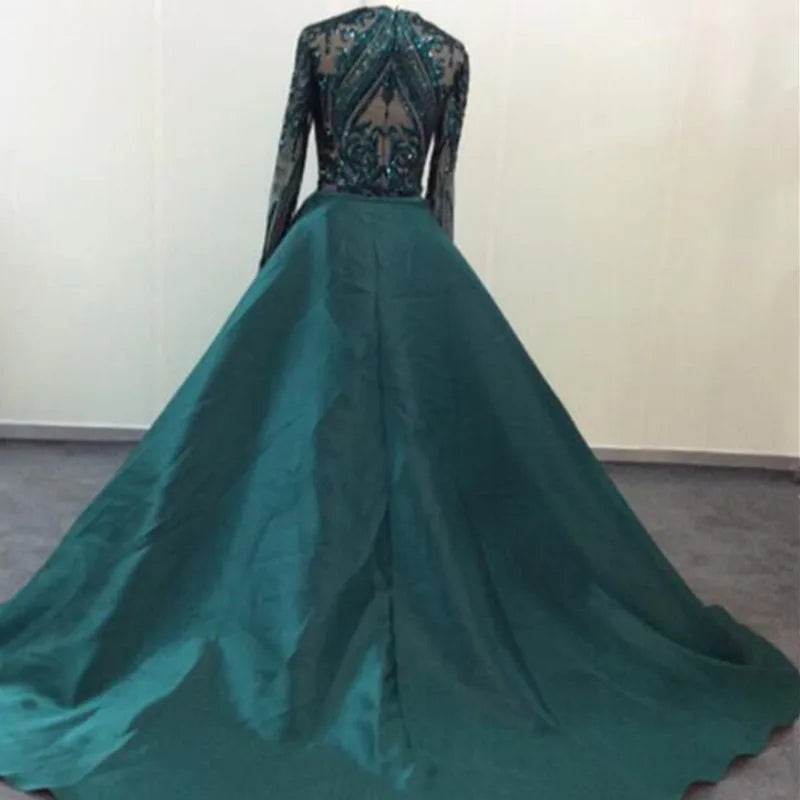 Muslim Long Sleeve Evening Dresses With Detachable Train Sequin Bling Moroccan Kaftan Green Formal Elegant Party Gown - AIAZ