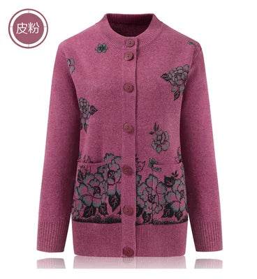 Grandma Knitted Cardigan Jacket Autumn Winter Loose Women Print Long-sleeve Sweater Coat Plus size Warm Cardigan Women clothing - AIAZ