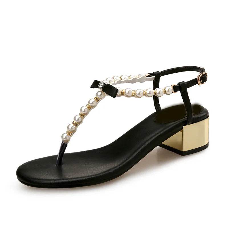 Sandals women 2019 new summer Toe thick heel Net red versatile pinch Pearl sandals Flip-flop sandals - AIAZ
