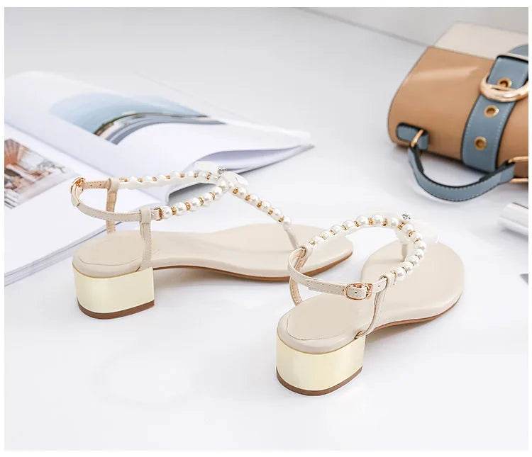 Sandals women 2019 new summer Toe thick heel Net red versatile pinch Pearl sandals Flip-flop sandals - AIAZ