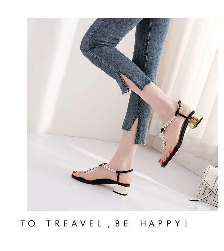 Sandals women 2019 new summer Toe thick heel Net red versatile pinch Pearl sandals Flip-flop sandals - AIAZ