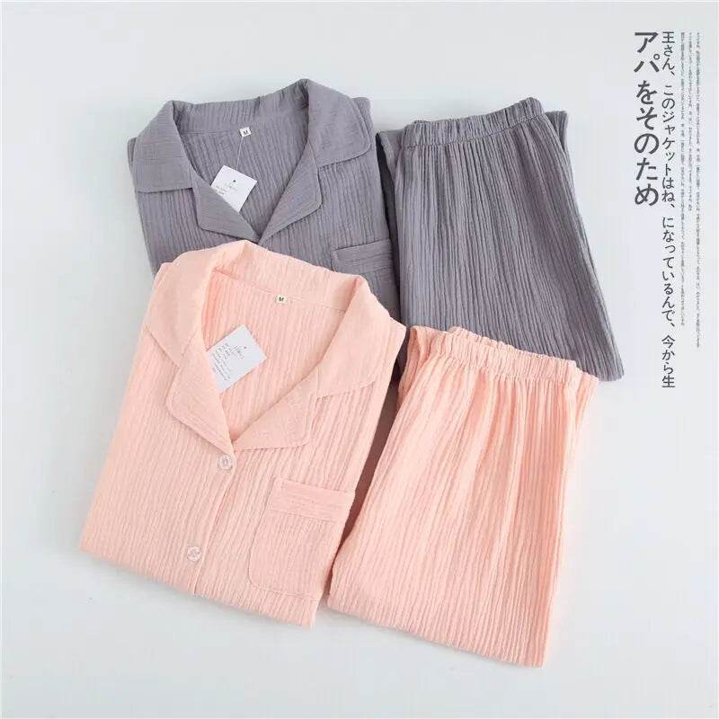 Solid Breathable Lovers 100% Cotton Crepe Pajamas Sets Women Men Autumn Long Sleeve Fresh Soft Pijama Mujer Casual Pyjamas - AIAZ