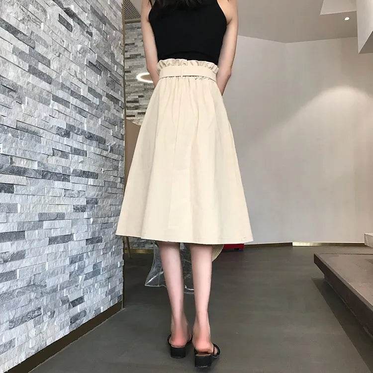 Summer Autumn Skirts Womens Midi Knee Length Korean Elegant Button High Waist Skirt Female Pleated School Skirt - AIAZ
