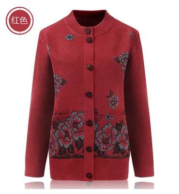 Grandma Knitted Cardigan Jacket Autumn Winter Loose Women Print Long-sleeve Sweater Coat Plus size Warm Cardigan Women clothing - AIAZ
