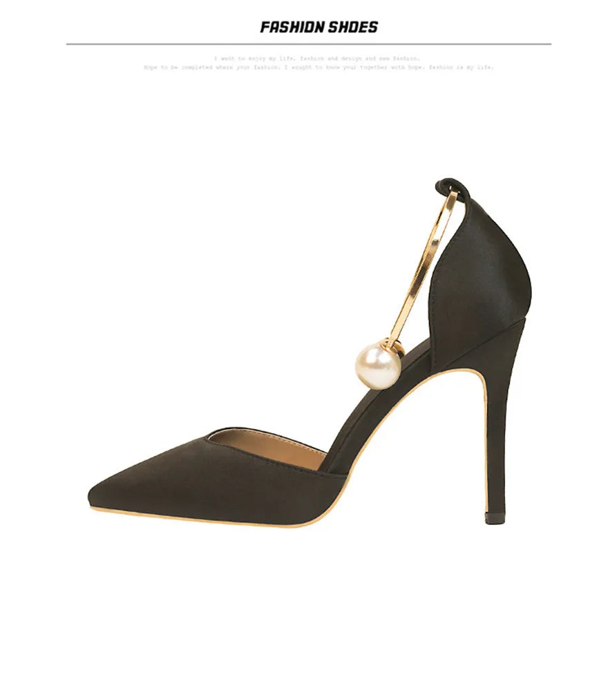 2025 New Elegant Pearl Metal Buckle High Heels Women Sandals Korean Fashion Soft Silk Pointed Ladies Shoes Party Sandals Shallow
