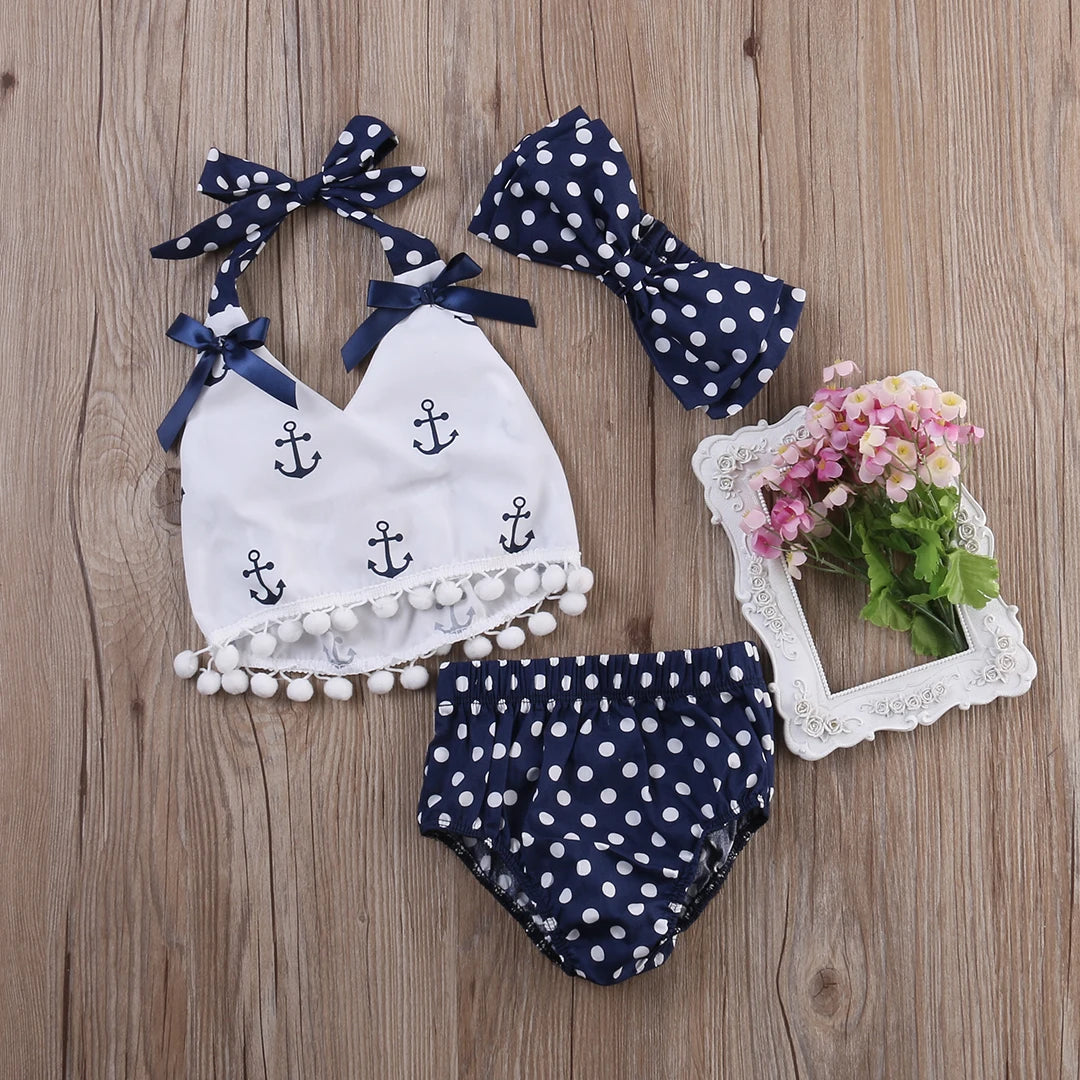 Citgeett Summer 3Pcs/set Infant Baby Girls Clothes Anchor Tops+Polka Dot Briefs+Head Band  Outfits Set Sunsuit 0-24M