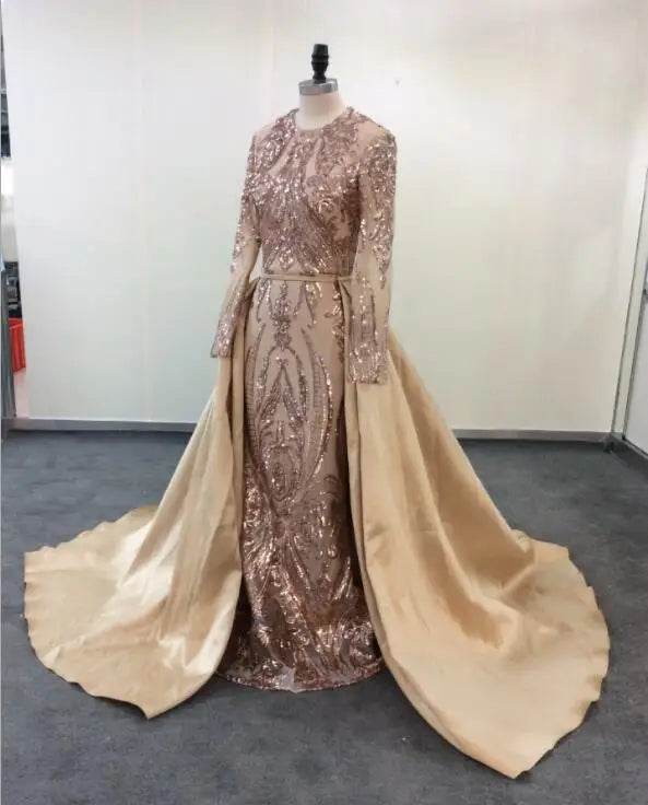 Muslim Long Sleeve Evening Dresses With Detachable Train Sequin Bling Moroccan Kaftan Green Formal Elegant Party Gown - AIAZ