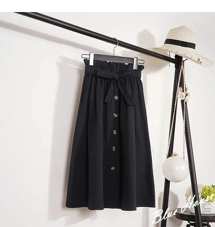 Summer Autumn Skirts Womens Midi Knee Length Korean Elegant Button High Waist Skirt Female Pleated School Skirt - AIAZ