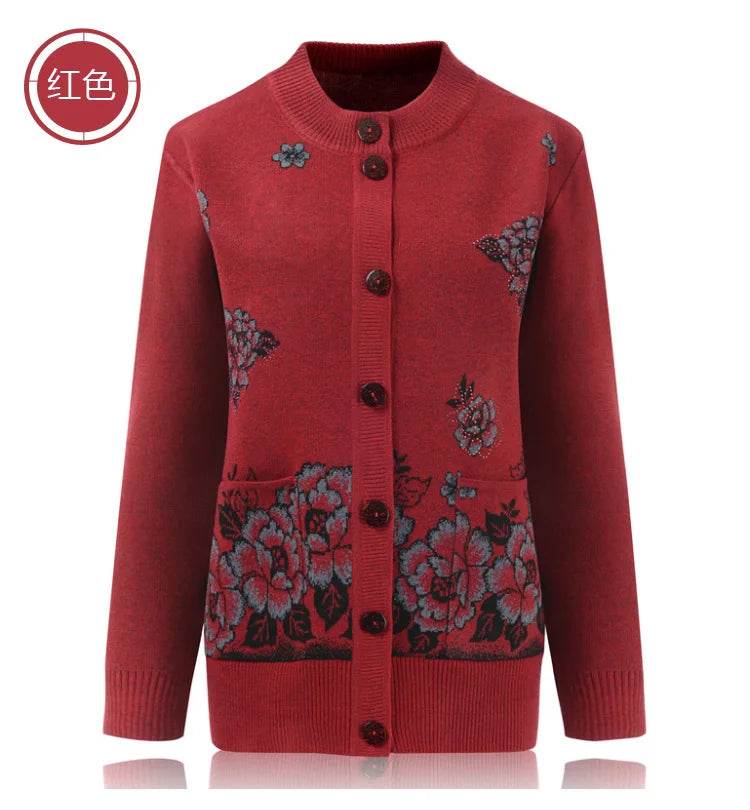 Grandma Knitted Cardigan Jacket Autumn Winter Loose Women Print Long-sleeve Sweater Coat Plus size Warm Cardigan Women clothing - AIAZ