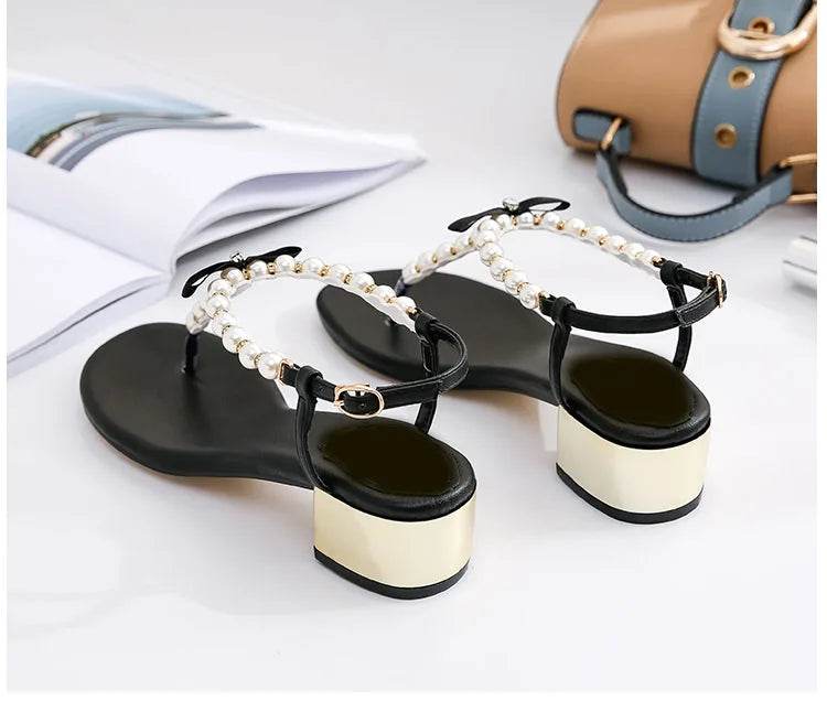Sandals women 2019 new summer Toe thick heel Net red versatile pinch Pearl sandals Flip-flop sandals - AIAZ