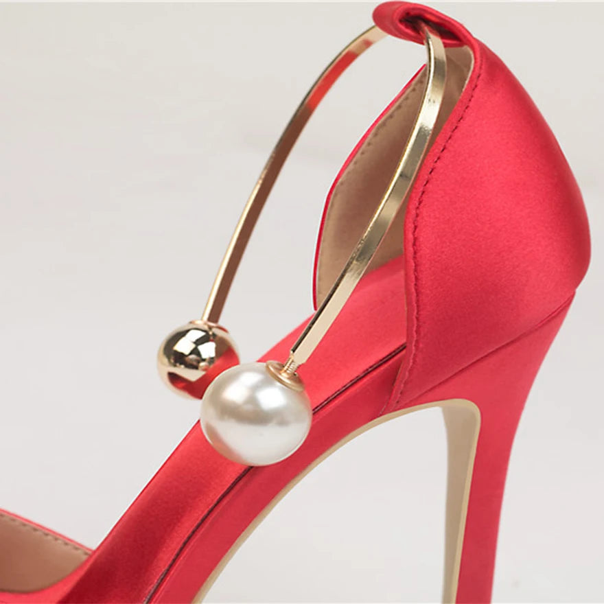 2025 New Elegant Pearl Metal Buckle High Heels Women Sandals Korean Fashion Soft Silk Pointed Ladies Shoes Party Sandals Shallow