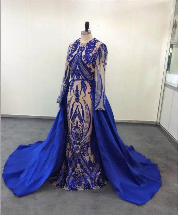 Muslim Long Sleeve Evening Dresses With Detachable Train Sequin Bling Moroccan Kaftan Green Formal Elegant Party Gown - AIAZ