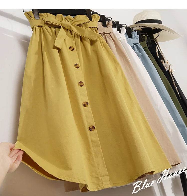 Summer Autumn Skirts Womens Midi Knee Length Korean Elegant Button High Waist Skirt Female Pleated School Skirt - AIAZ
