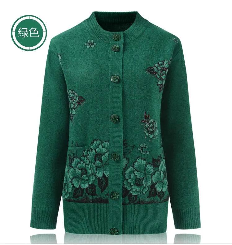 Grandma Knitted Cardigan Jacket Autumn Winter Loose Women Print Long-sleeve Sweater Coat Plus size Warm Cardigan Women clothing - AIAZ