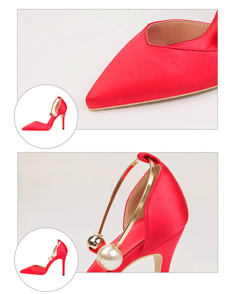 2025 New Elegant Pearl Metal Buckle High Heels Women Sandals Korean Fashion Soft Silk Pointed Ladies Shoes Party Sandals Shallow
