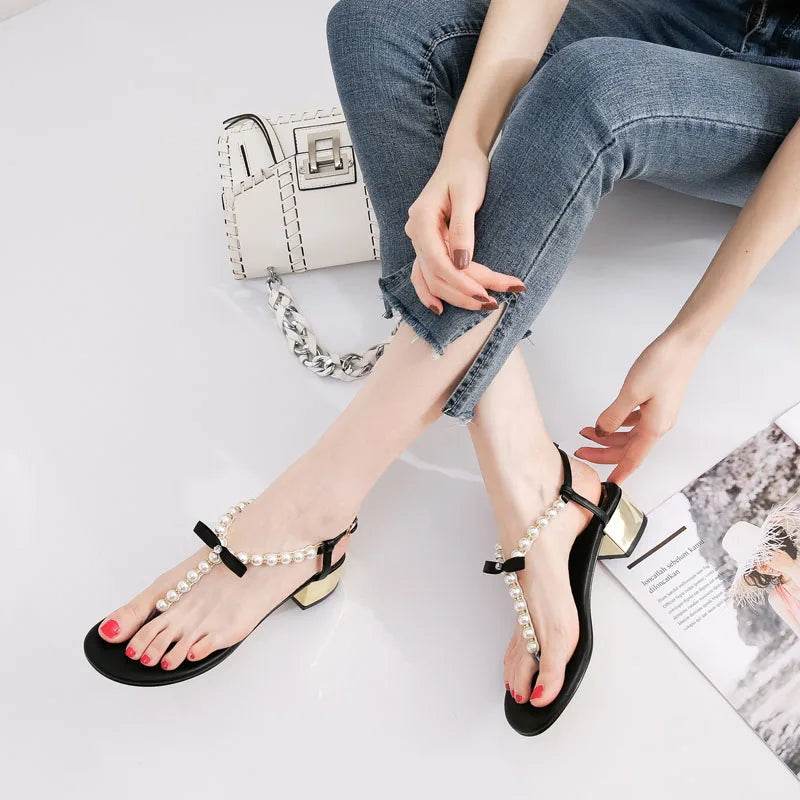 Sandals women 2019 new summer Toe thick heel Net red versatile pinch Pearl sandals Flip-flop sandals - AIAZ