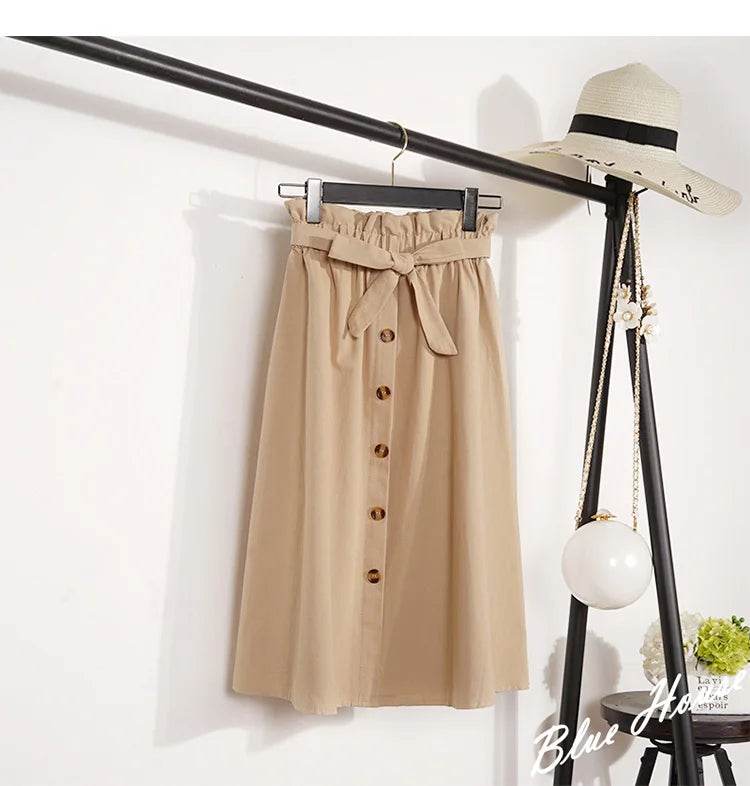 Summer Autumn Skirts Womens Midi Knee Length Korean Elegant Button High Waist Skirt Female Pleated School Skirt - AIAZ
