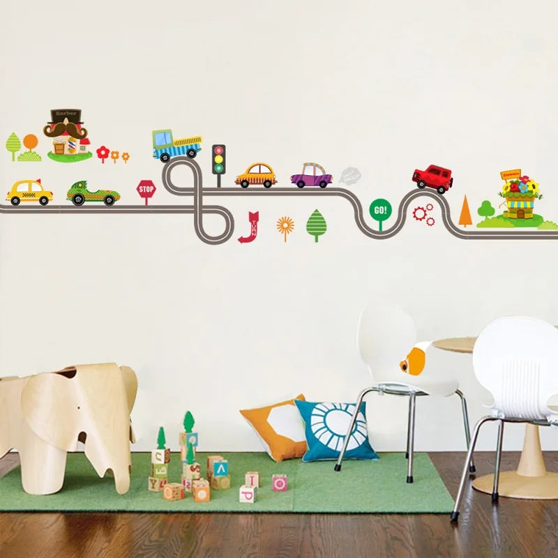 Cartoon Highway Track Cars Wall Stickers For Kids Rooms Sticker Children's Play Room Bedroom Decor Wall Art Decals