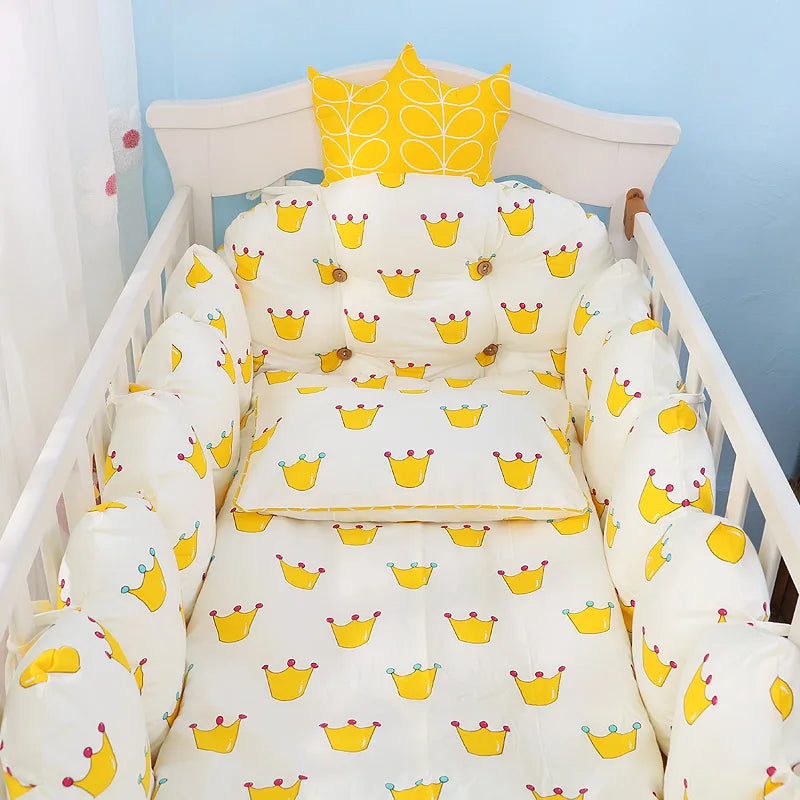 100% Cotton Crib Bed Linen Kit,Crown Design Baby Crib Bedding Set,Baby Bedding Set Includes Bumpers+Pillow+Quilt+Mattress cover