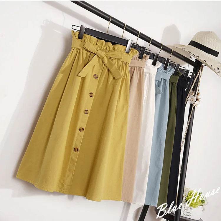 Summer Autumn Skirts Womens Midi Knee Length Korean Elegant Button High Waist Skirt Female Pleated School Skirt - AIAZ