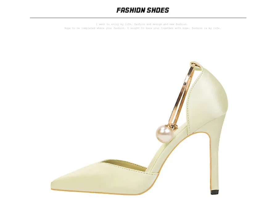 2025 New Elegant Pearl Metal Buckle High Heels Women Sandals Korean Fashion Soft Silk Pointed Ladies Shoes Party Sandals Shallow