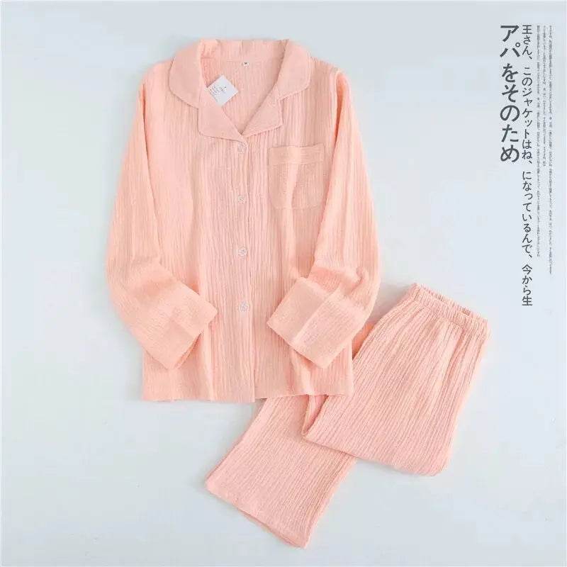 Solid Breathable Lovers 100% Cotton Crepe Pajamas Sets Women Men Autumn Long Sleeve Fresh Soft Pijama Mujer Casual Pyjamas - AIAZ