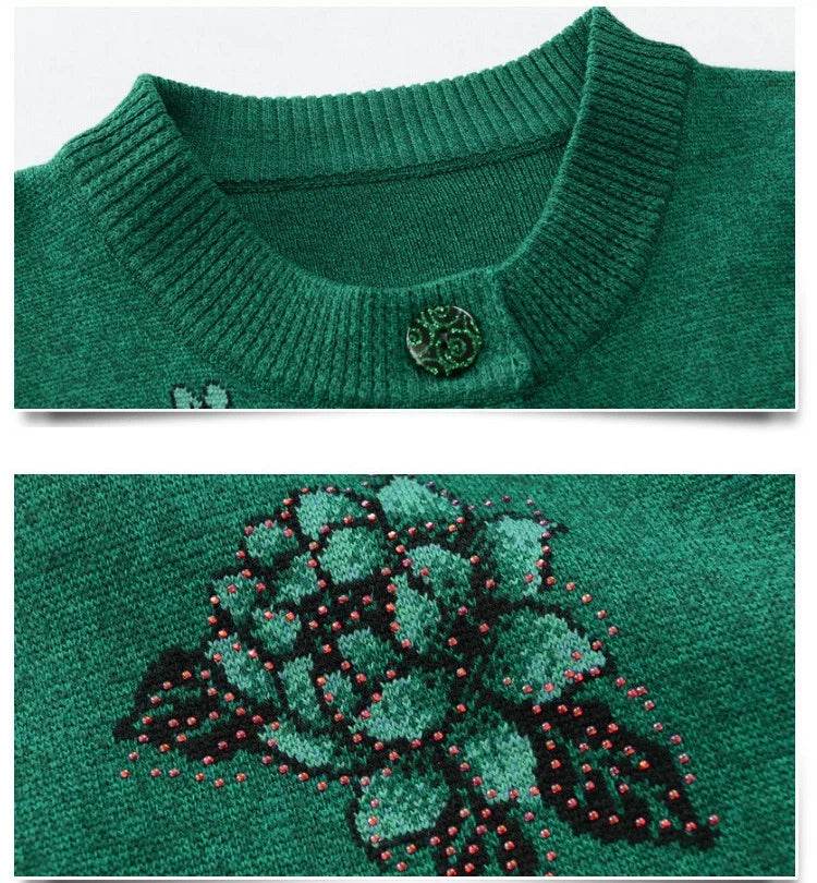 Grandma Knitted Cardigan Jacket Autumn Winter Loose Women Print Long-sleeve Sweater Coat Plus size Warm Cardigan Women clothing - AIAZ