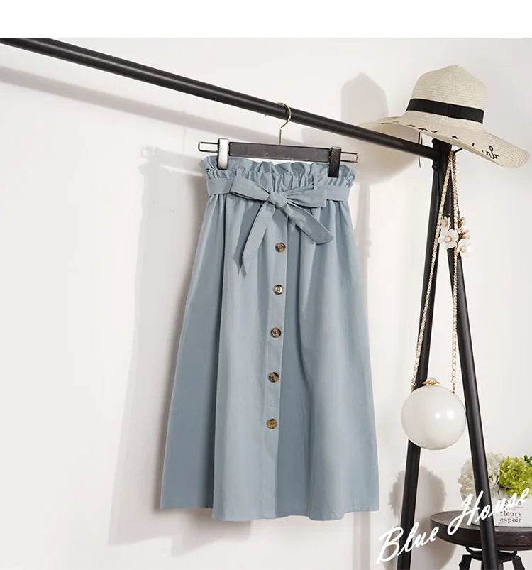 Summer Autumn Skirts Womens Midi Knee Length Korean Elegant Button High Waist Skirt Female Pleated School Skirt - AIAZ
