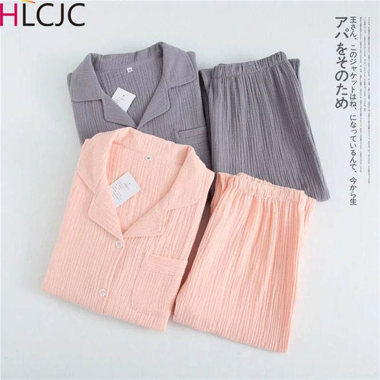 Solid Breathable Lovers 100% Cotton Crepe Pajamas Sets Women Men Autumn Long Sleeve Fresh Soft Pijama Mujer Casual Pyjamas - AIAZ
