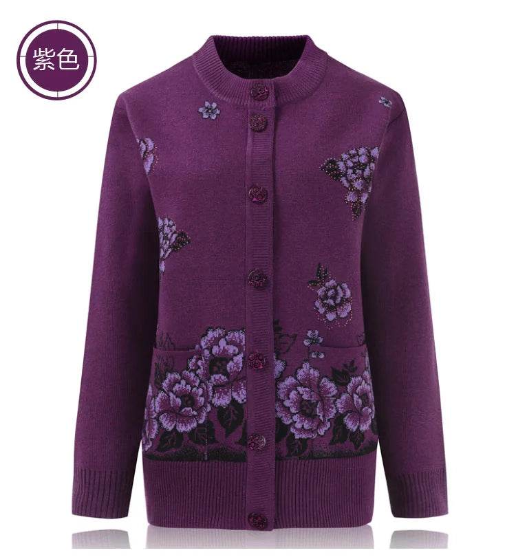 Grandma Knitted Cardigan Jacket Autumn Winter Loose Women Print Long-sleeve Sweater Coat Plus size Warm Cardigan Women clothing - AIAZ