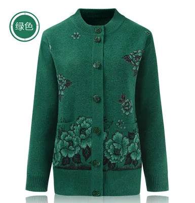 Grandma Knitted Cardigan Jacket Autumn Winter Loose Women Print Long-sleeve Sweater Coat Plus size Warm Cardigan Women clothing - AIAZ