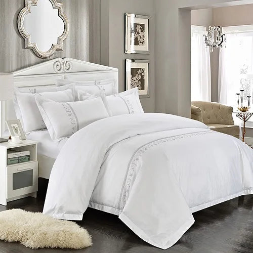 100% Cotton White Embroidered Bedding sets 4/6Pieces White Hotel Bedsheet set Duvet cover Pillow shams Double King Queen size