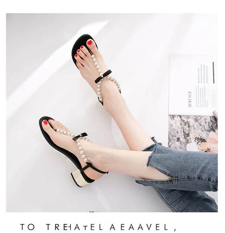Sandals women 2019 new summer Toe thick heel Net red versatile pinch Pearl sandals Flip-flop sandals - AIAZ