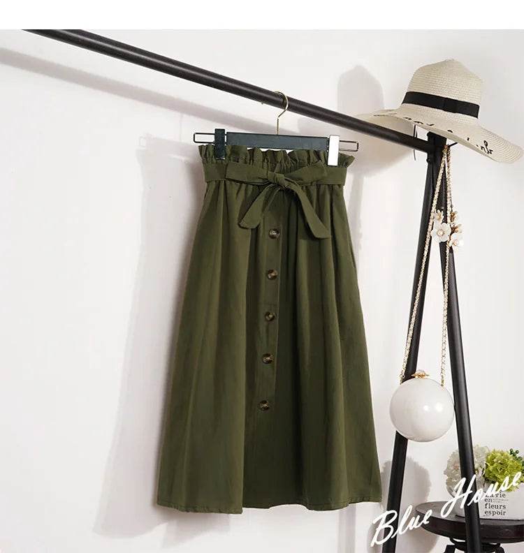 Summer Autumn Skirts Womens Midi Knee Length Korean Elegant Button High Waist Skirt Female Pleated School Skirt - AIAZ