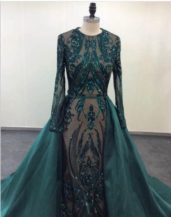 Muslim Long Sleeve Evening Dresses With Detachable Train Sequin Bling Moroccan Kaftan Green Formal Elegant Party Gown - AIAZ