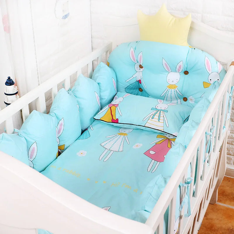 100% Cotton Crib Bed Linen Kit,Crown Design Baby Crib Bedding Set,Baby Bedding Set Includes Bumpers+Pillow+Quilt+Mattress cover