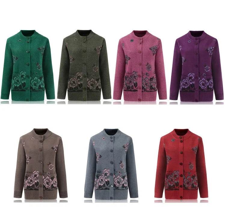 Grandma Knitted Cardigan Jacket Autumn Winter Loose Women Print Long-sleeve Sweater Coat Plus size Warm Cardigan Women clothing - AIAZ