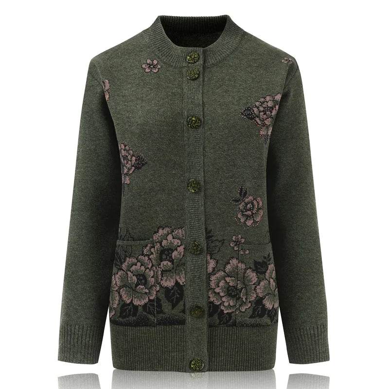 Grandma Knitted Cardigan Jacket Autumn Winter Loose Women Print Long-sleeve Sweater Coat Plus size Warm Cardigan Women clothing - AIAZ
