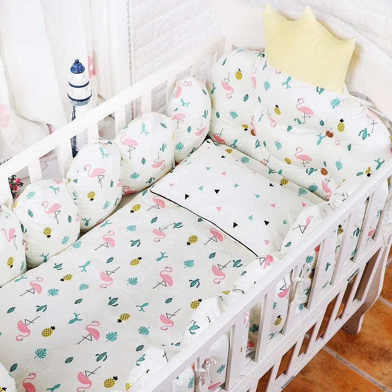100% Cotton Crib Bed Linen Kit,Crown Design Baby Crib Bedding Set,Baby Bedding Set Includes Bumpers+Pillow+Quilt+Mattress cover